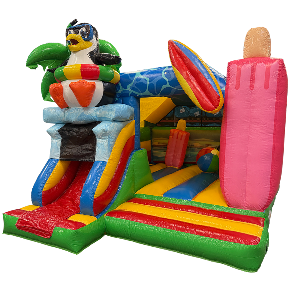 Zamek dmuchany Combo Midi 3D Szalony pingwin z przeszkodą