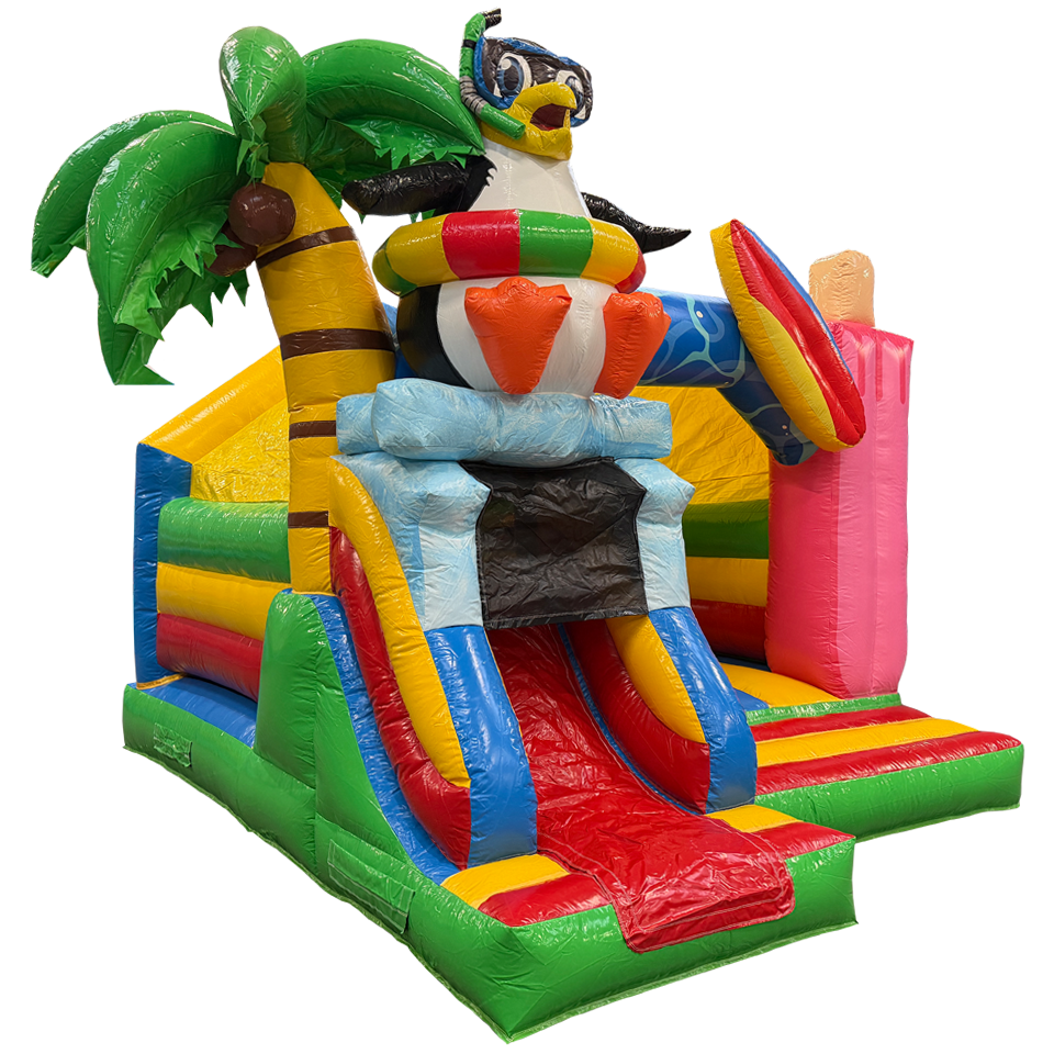 Zamek dmuchany Combo Midi 3D Szalony pingwin z przeszkodą